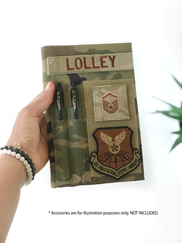 Military book cover for green journal with loop tape for patches | Military gift. Style 4