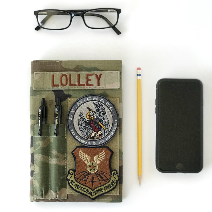 Military book cover for green journal with loop tape for patches | Military gift. Style 4